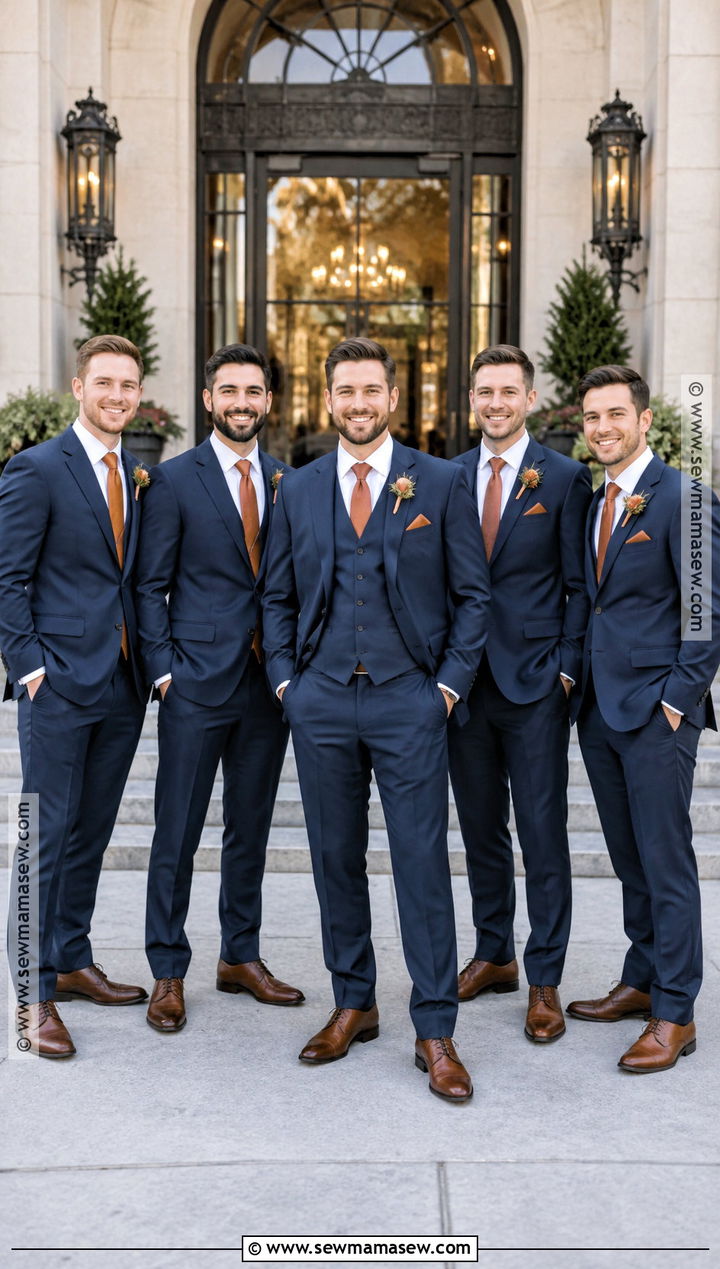 Navy Groom And Groomsmen Suits With Copper Accents - 15 groom and groomsmen attire fall wedding ideas