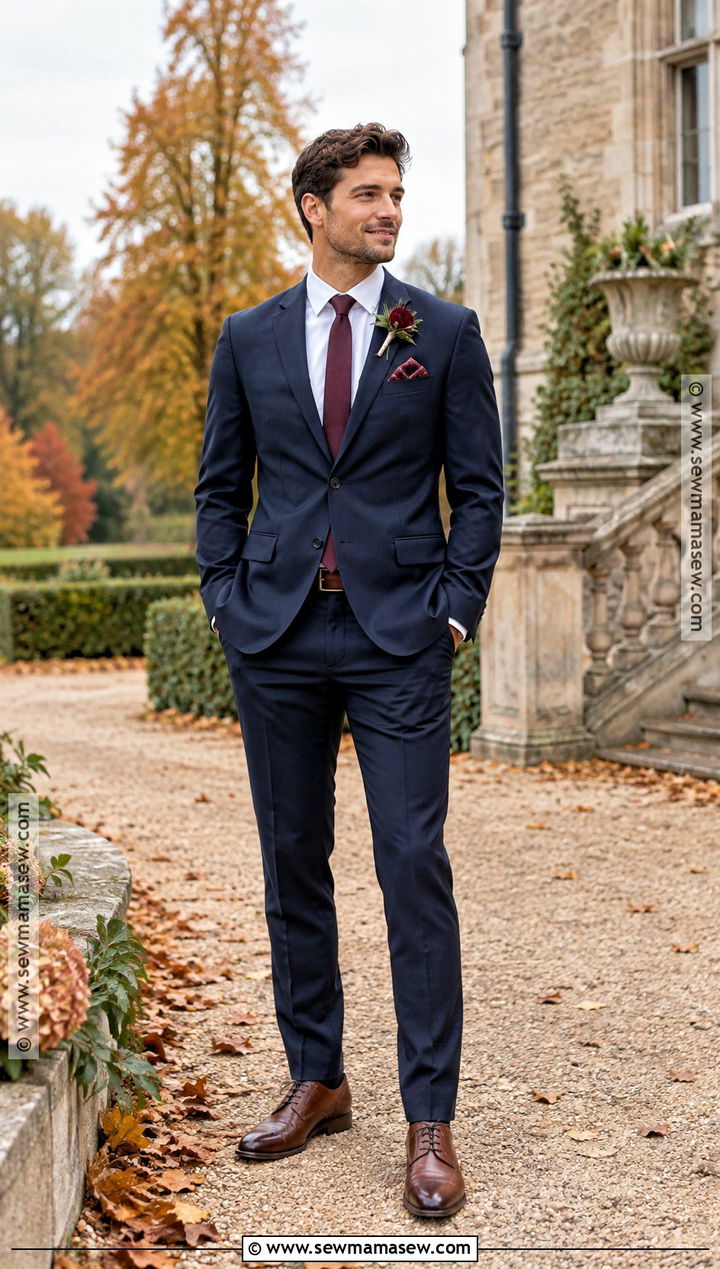Navy Groom Suit With Burgundy Tie - 20 fall groom attire ideas