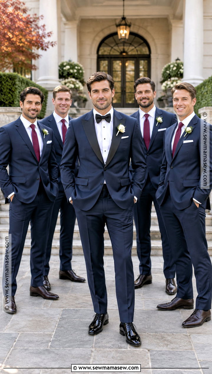 Navy Groom Tuxedo With Burgundy Groomsmen Accessories - 15 fall groom and groomsmen attire ideas