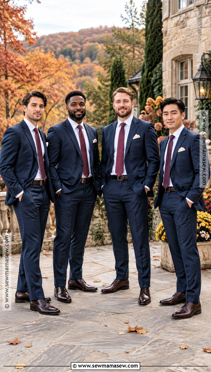 Navy Groomsmen Suit With Burgundy Tie - 15 groomsmen outfits fall wedding