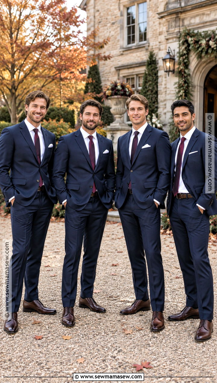 Navy Groomsmen Suit With Burgundy Tie - 15 groomsmen attire fall wedding color combos