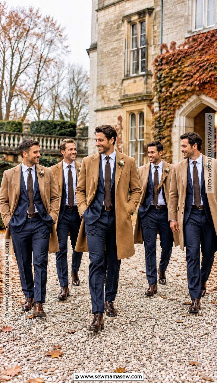 Navy Groomsmen Suit With Camel Overcoat - 15 groomsmen outfits fall wedding