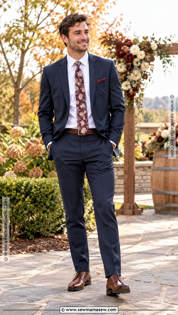 Navy Groomsmen Suit With Floral Tie - 15 fall wedding party attire groomsmen ideas