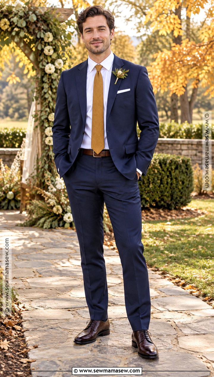 Navy Groomsmen Suit With Mustard Tie - 25 fall groomsmen attire ideas