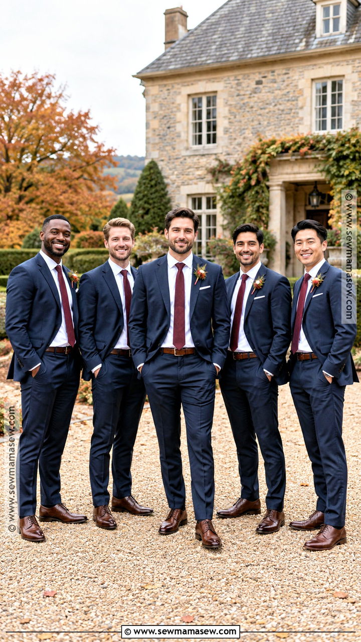 Navy Groomsmen Suits With Burgundy Ties - 20 groomsmen attire fall ideas