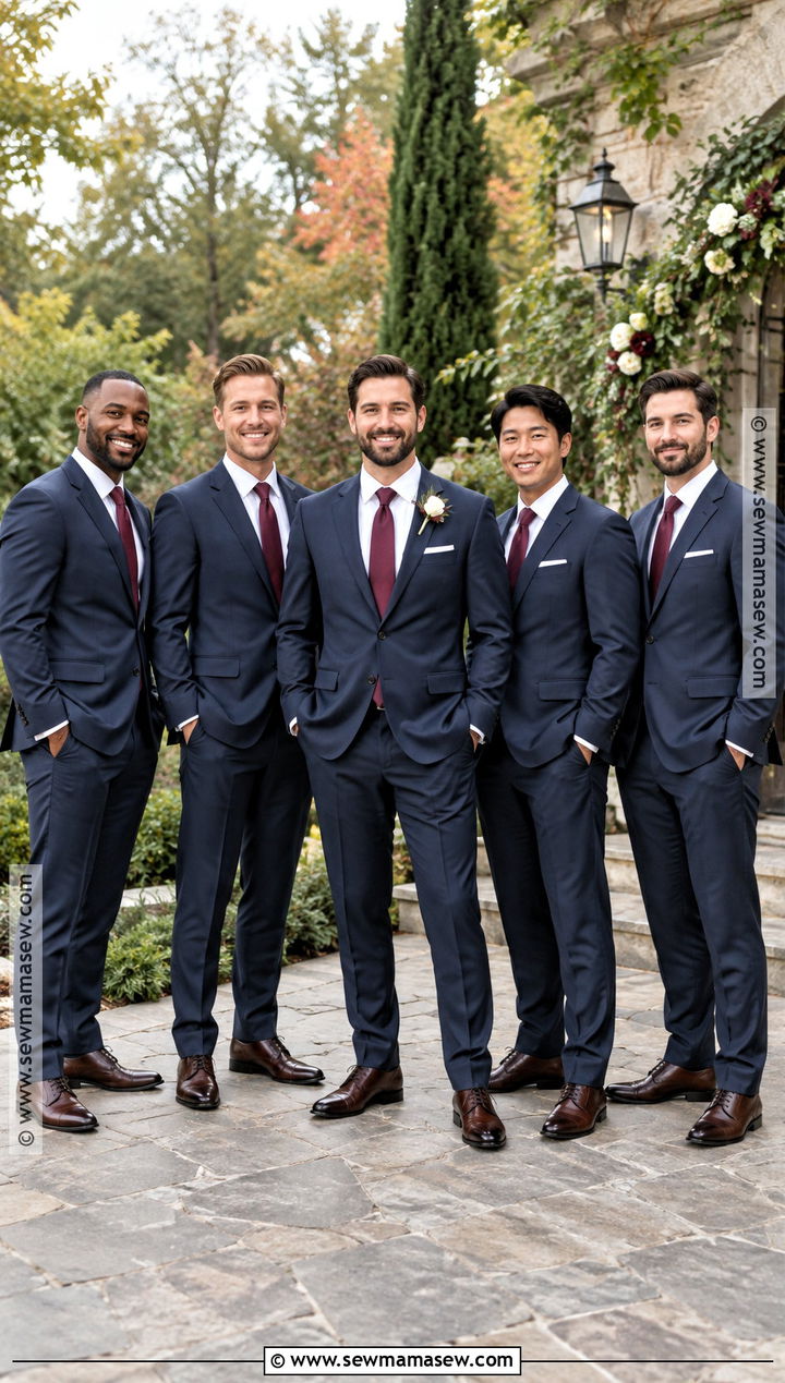 Navy Groomsmen Suits With Burgundy Ties - 15 september groomsmen attire ideas