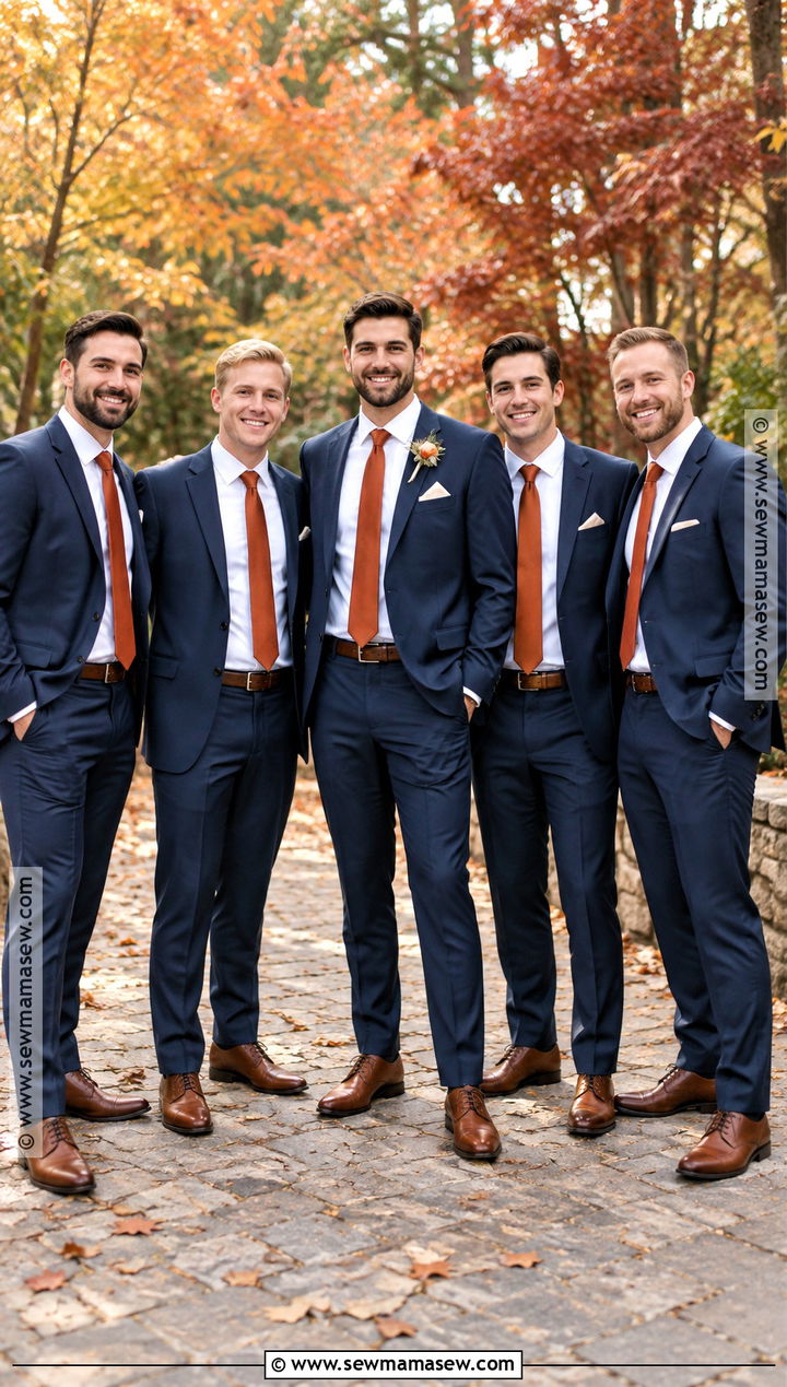 Navy Groomsmen Suits With Burnt Orange Ties for a Fall Wedding - 20 groomsmen attire fall wedding ideas