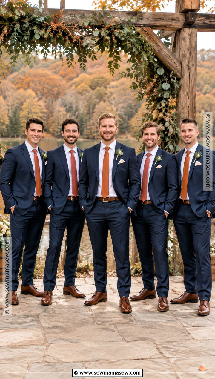 Navy Groomsmen Suits With Burnt Orange Ties - 15 groomsmen attire autumn wedding ideas