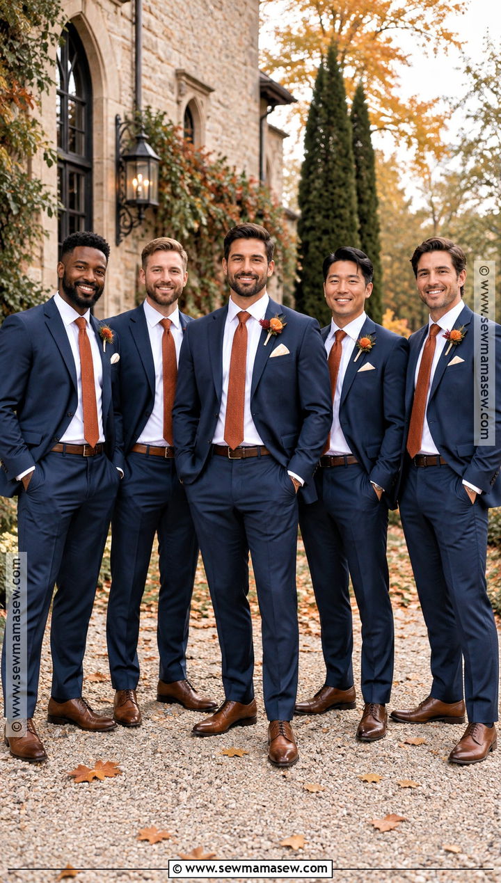 Navy Groomsmen Suits With Rust Ties - 15 groomsmen attire autumn ideas