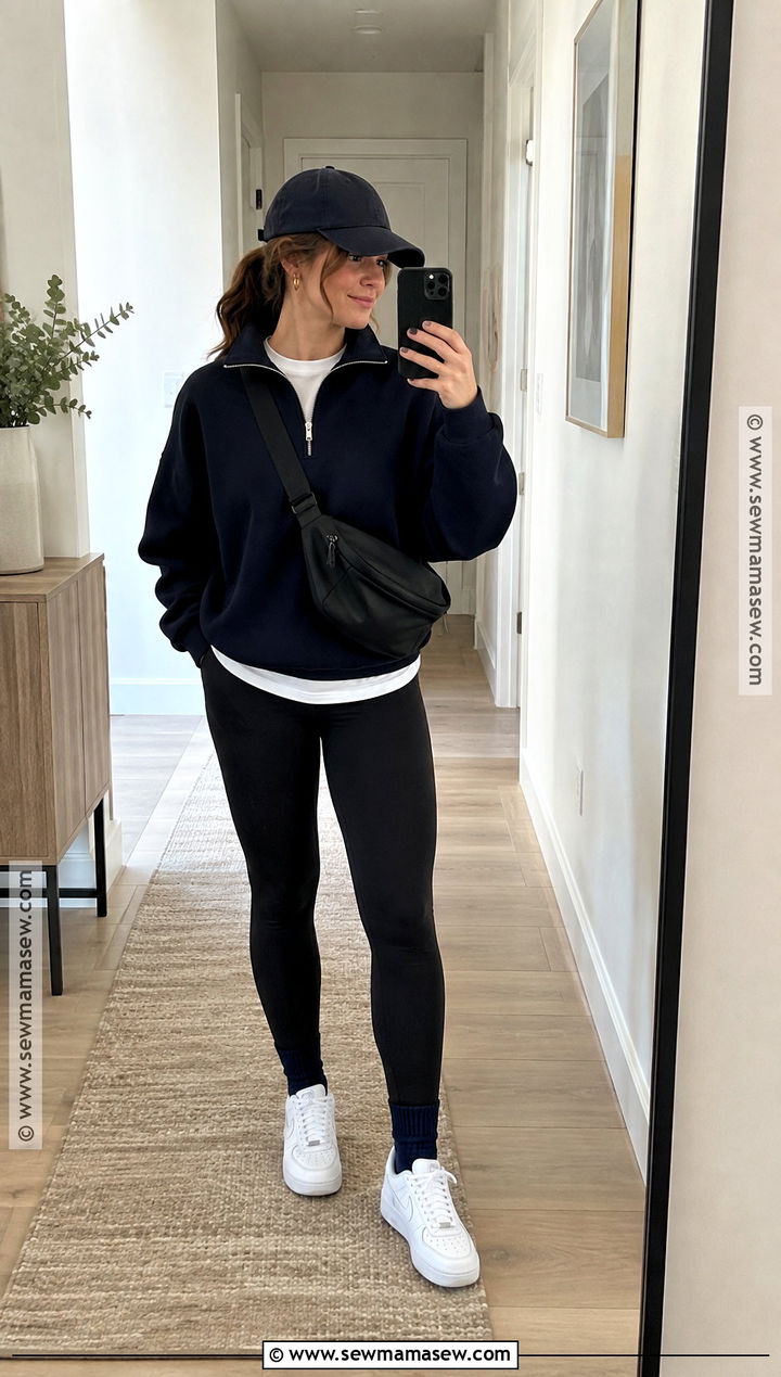 Navy Half Zip Sweater With Leggings And Sneakers - 15 Autumn Blue Knitwear Ideas