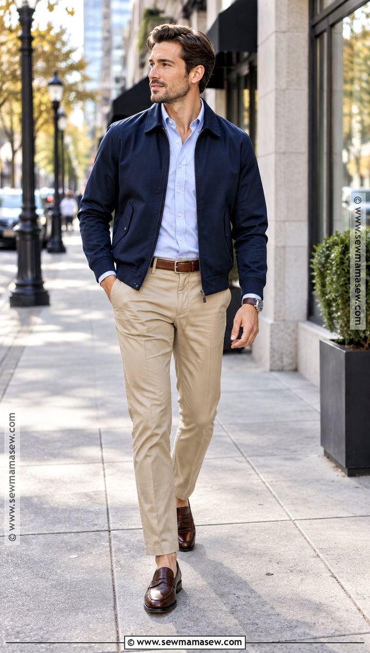 Navy Harrington Jacket With Khaki Chinos - 20 men fall jacket ideas
