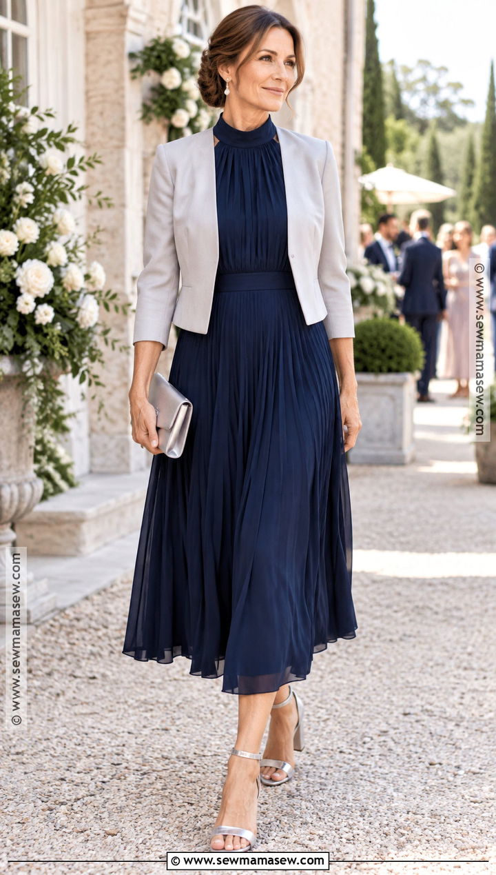 Navy High Neck Pleated Midi Dress - 15 fall wedding guest dress high neck ideas