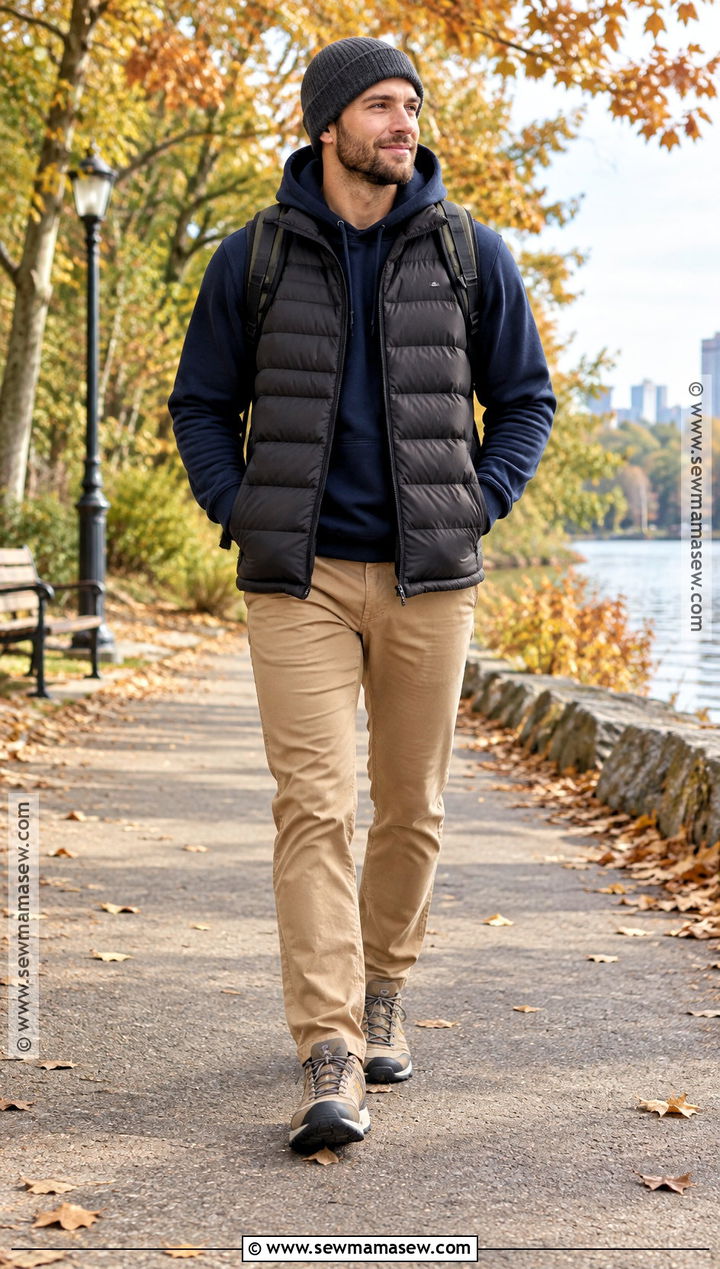 Navy Hoodie With Puffer Vest And Chinos - 15 Fall Hoodie Outfit Ideas for Men