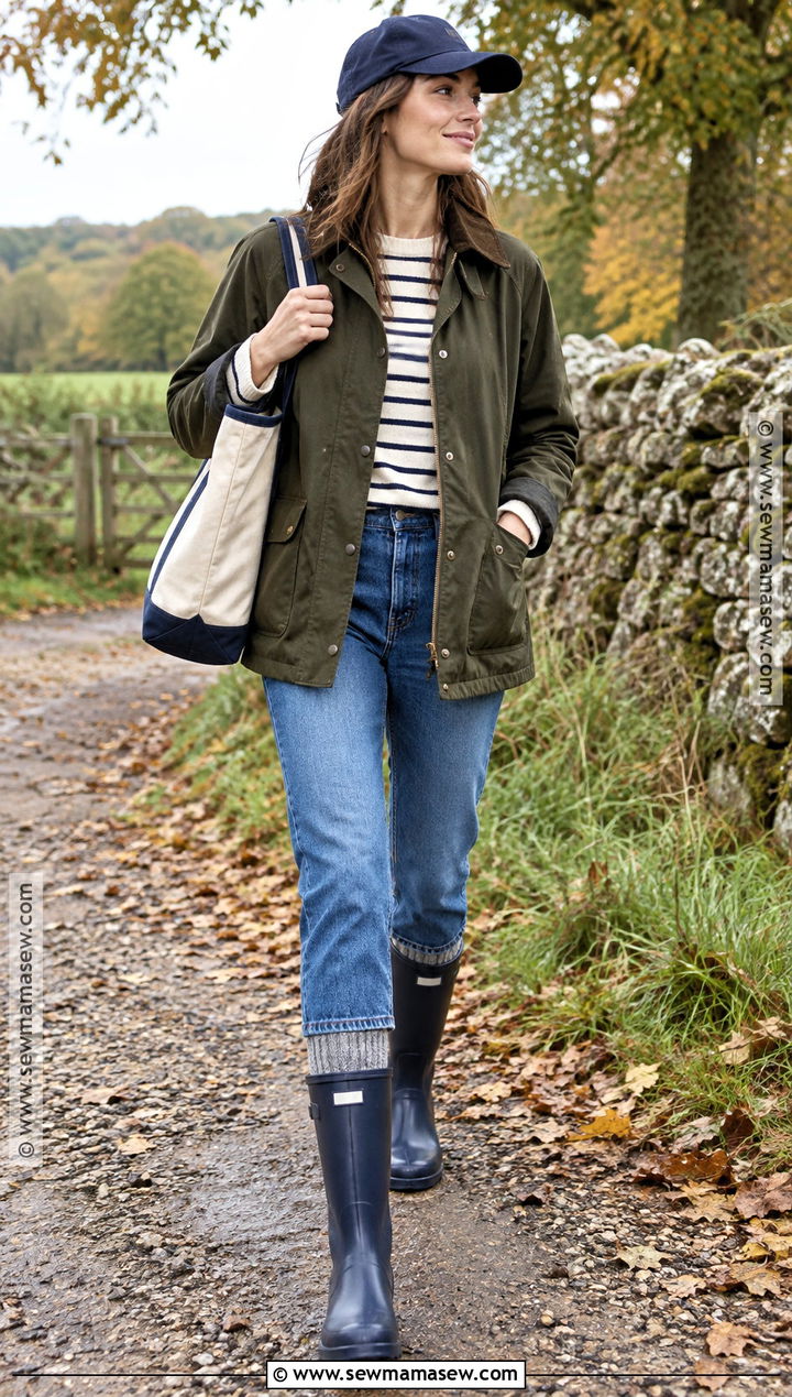 Navy Hunter Rain Boots With Straight Jeans And Wax Jacket - 20 hunter rainboots outfit fall ideas