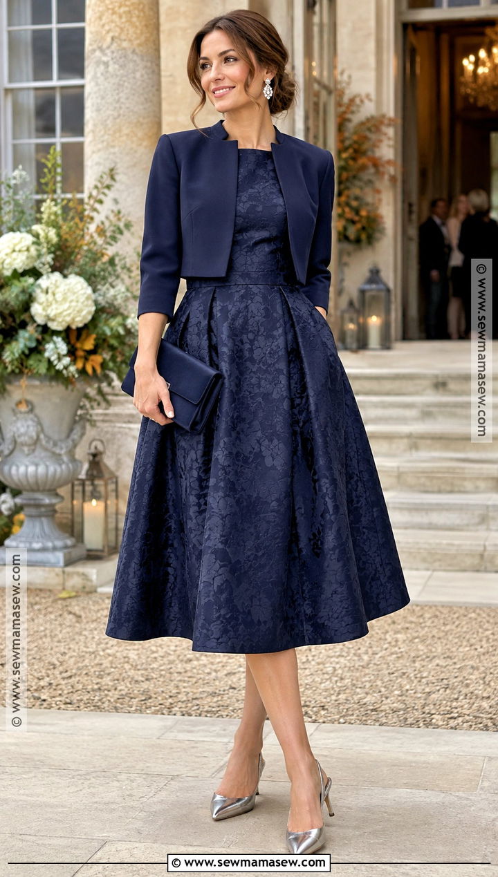 Navy Jacquard Dress October Wedding Guest Outfit - 25 october wedding guest outfits