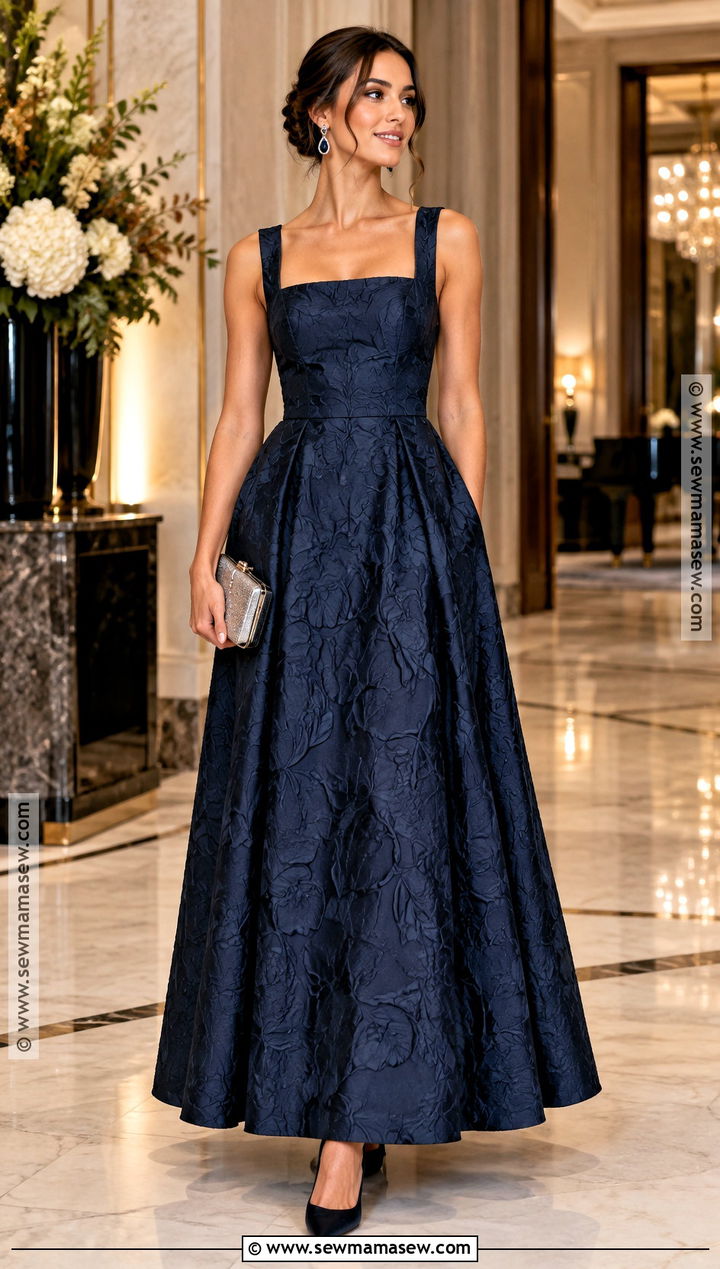 Navy Jacquard Formal Maxi Dress - 15 Wedding Guest Maxi Dress Fall Ideas