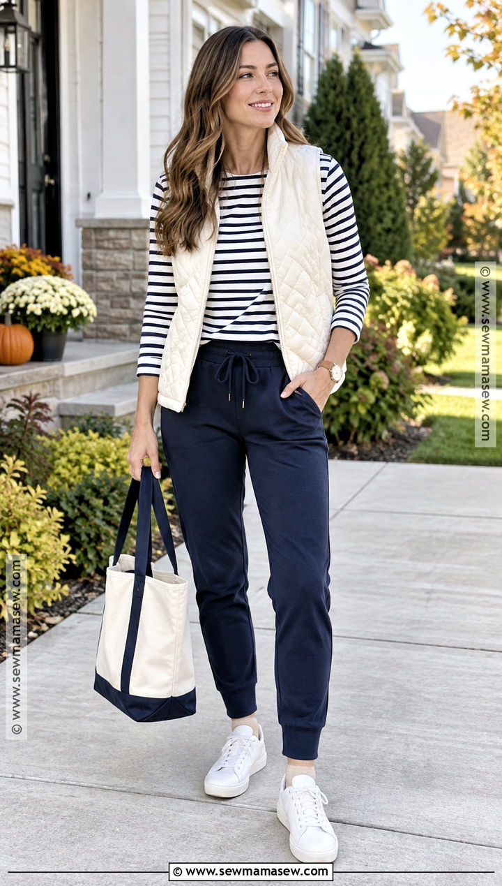 Navy Jogger Outfit With Quilted Vest - 15 Fall Jogger Outfits Casual