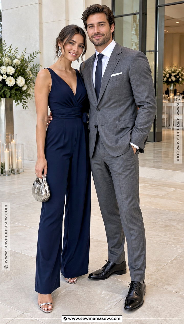 Navy Jumpsuit And Gray Suit Fall Wedding Guest Couple Outfit - 15 Wedding Guest Couple Outfit Fall Ideas