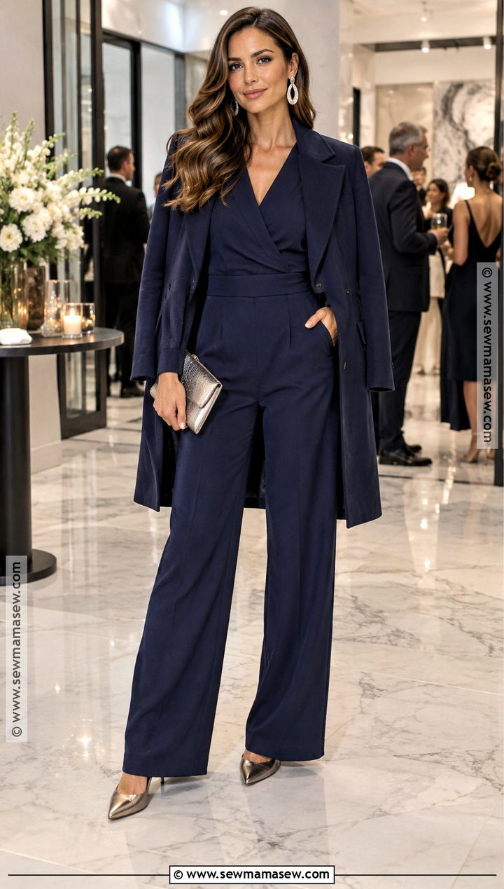 Navy Jumpsuit And Metallic Heels Fall Outfit - 15 fall womens outfits 2026 dressy