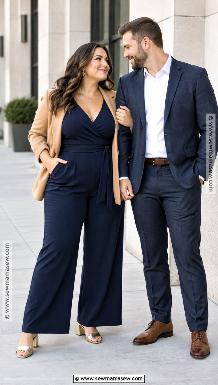 Navy Jumpsuit With Camel Blazer Engagement Photo Outfit - 20 plus size engagement photos outfits fall