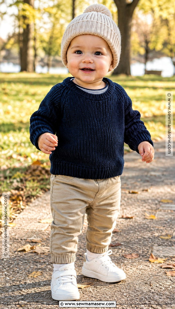 Navy Knit Baby Sweater With Khaki Pants - 15 Knit Baby Sweater Fall Style Ideas