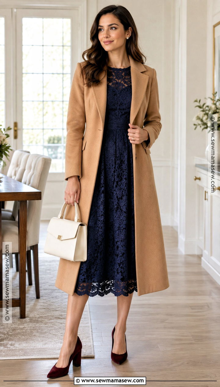 Navy Lace Dress With Block Heel Pumps - 20 Thanksgiving Lace Styles