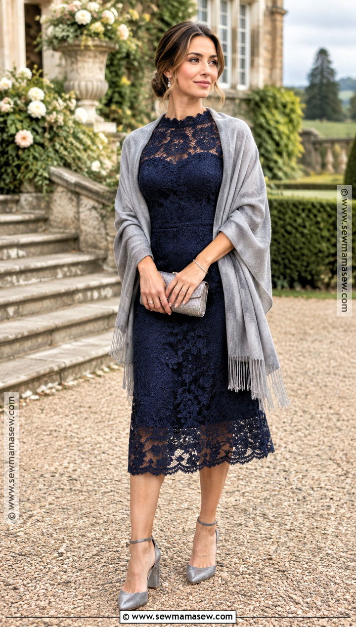 Navy Lace Dress With Pashmina Outfit - 15 outside fall wedding outfit guest ideas