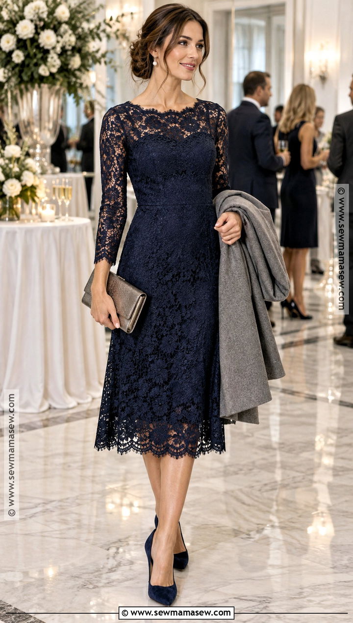 Navy Lace Midi Dress Fall Cocktail Outfit - 20 fall cocktail party outfit ideas
