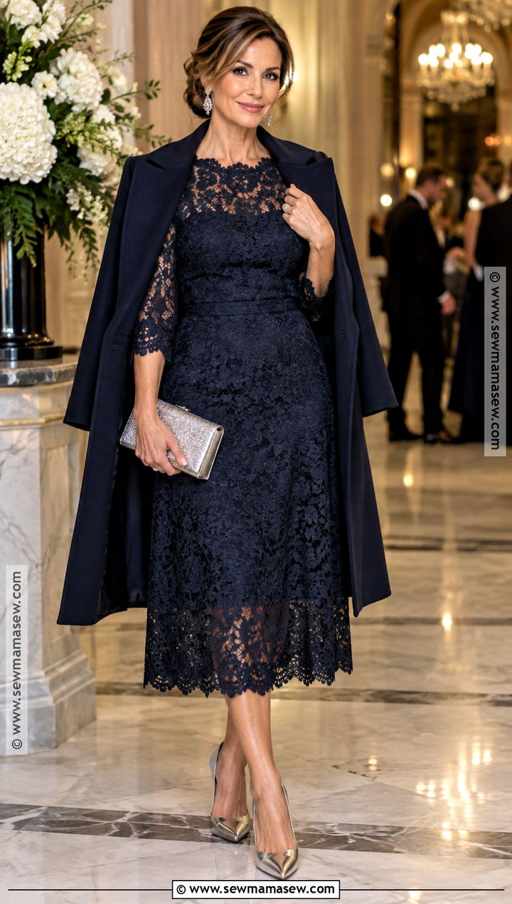 Navy Lace Midi Dress Fall Outfit - 25 fall dressy outfits