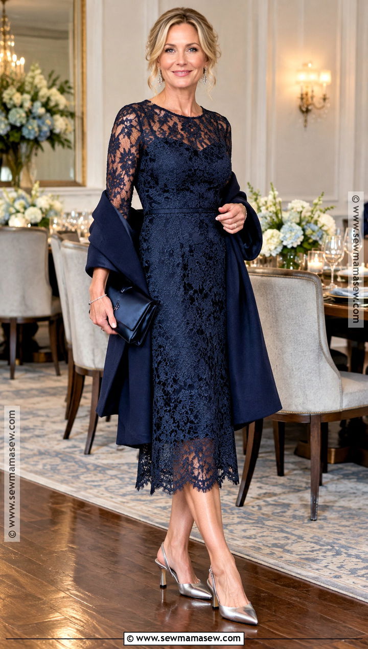 Navy Lace Midi Dress Outfit - 20 fall cocktail wedding guest dress ideas