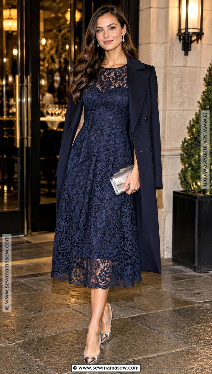 Navy Lace Midi Dress Rehearsal Dinner Outfit - 20 rehersal dinner outfit fall guest ideas