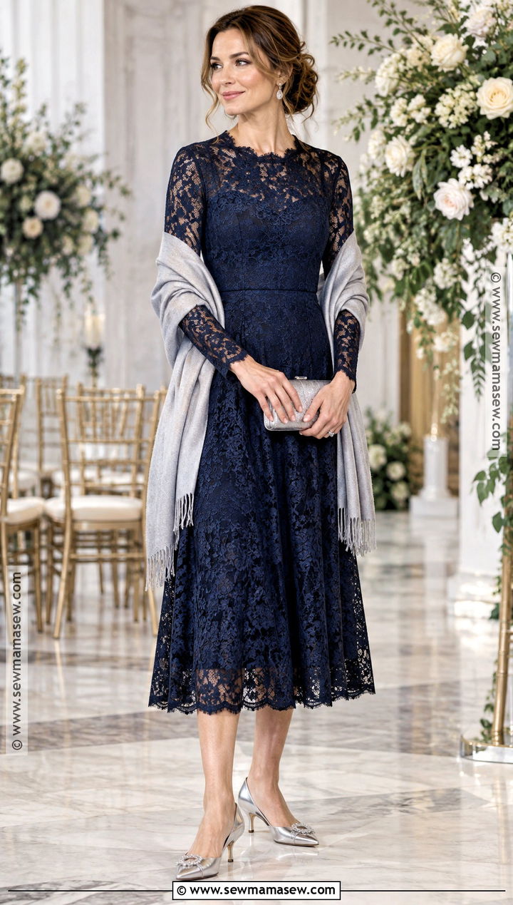 Navy Lace Midi Dress With Kitten Heels - 15 fall semi formal outfits for women