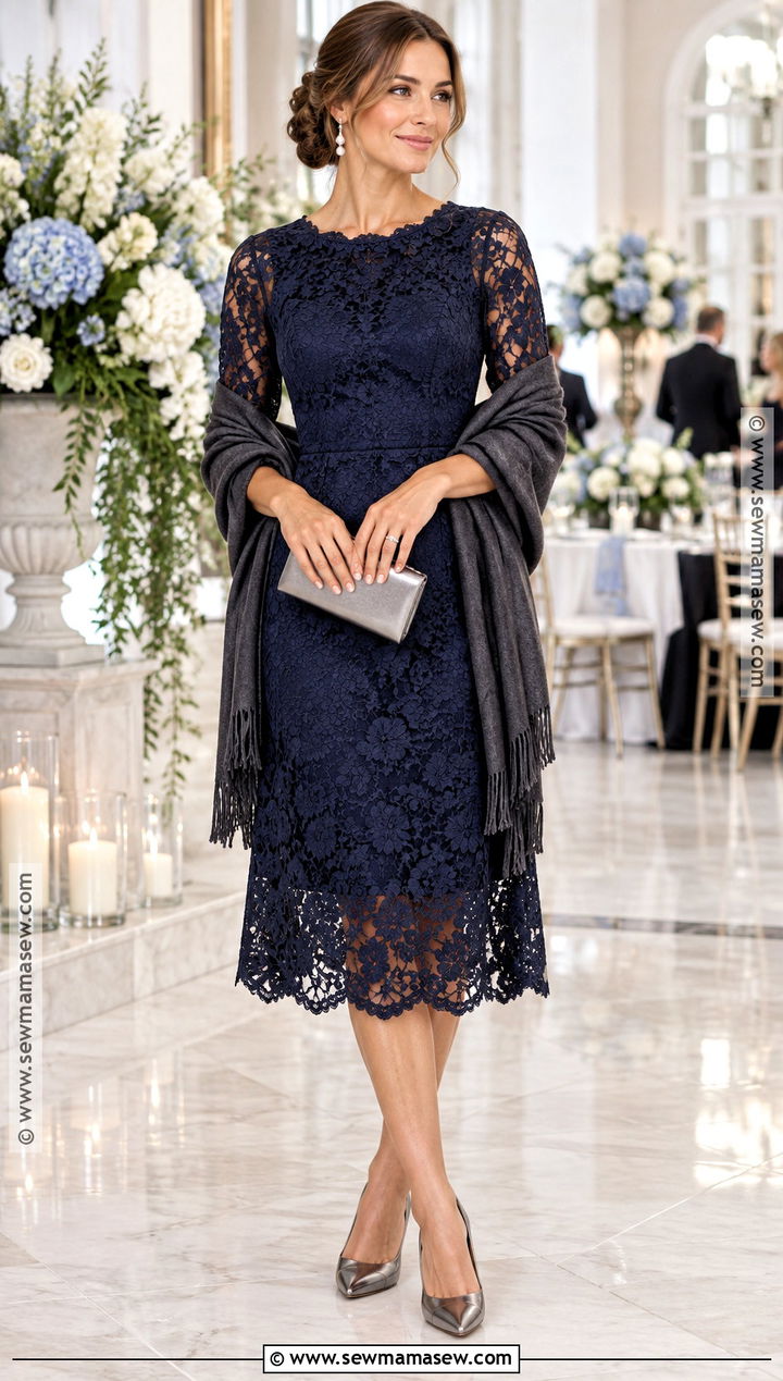 Navy Lace Midi Dress for a Fall Semi Formal Wedding - 20 fall semi formal wedding attire ideas