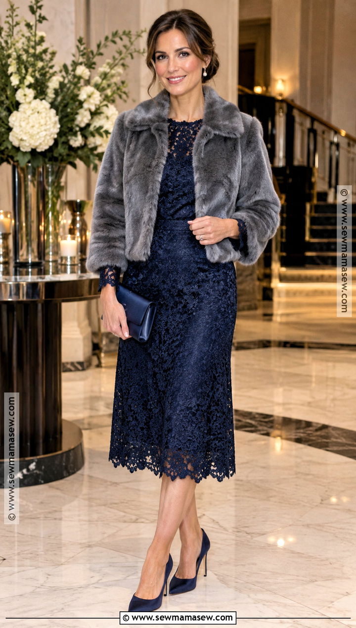 Navy Lace Midi Wedding Guest Outfit - 20 cold fall wedding guest outfit ideas