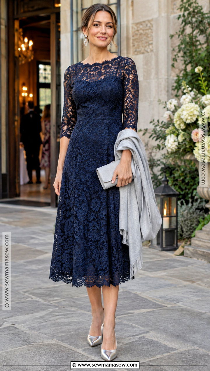 Navy Lace Midi Wedding Guest Outfit - 15 early fall wedding guest outfit ideas