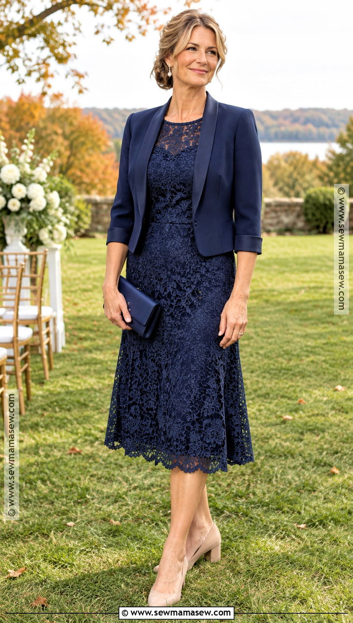 Navy Lace Mother of the Groom Dress With Nude Pumps - 20 mother of the groom dresses for fall outdoor