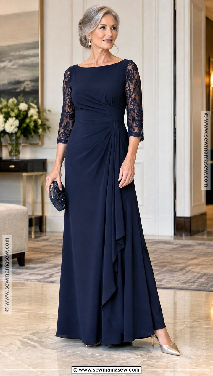 Navy Lace Sleeve Mother Of The Bride Gown - 15 Autumn Mother Of The Bride Dresses
