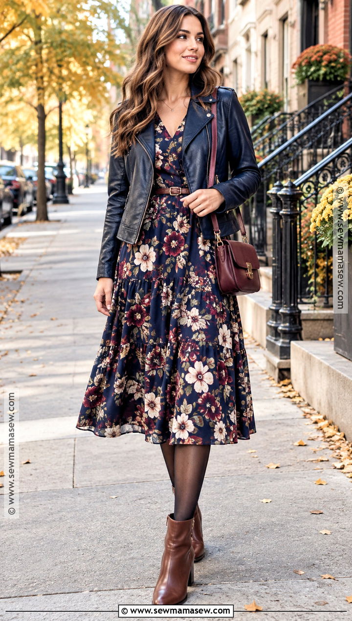 Navy Leather Jacket With Floral Midi Dress - 20 Navy Fall Outfits