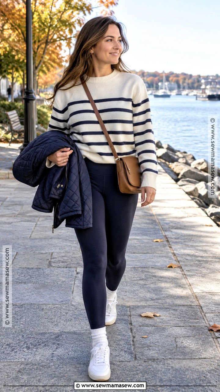 Navy Leggings With Striped Sweater And White Sneakers - 20 leggings fall outfit casual
