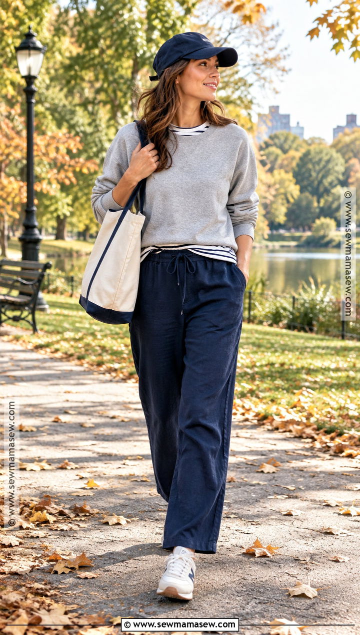 Navy Linen Pants With A Gray Sweatshirt - 25 linen pants fall outfit