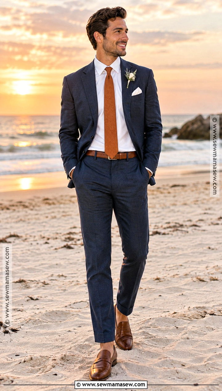 Navy Linen Suit For A Fall Beach Wedding - 15 fall beach wedding groom attire ideas