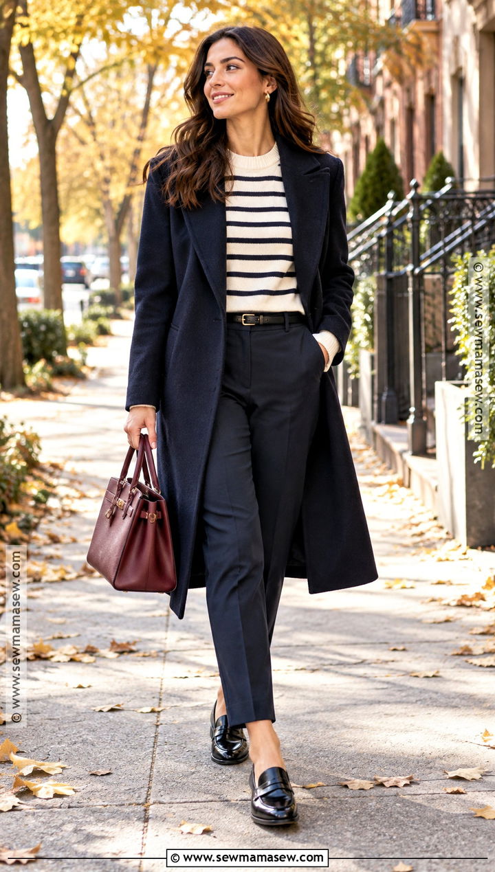 Navy Long Coat With Striped Sweater - 20 long coat fall outfit ideas