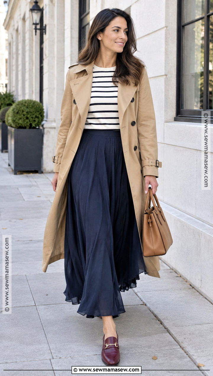Navy Long Skirt With Striped Tee And Trench Coat - 25 long skirt outfits fall
