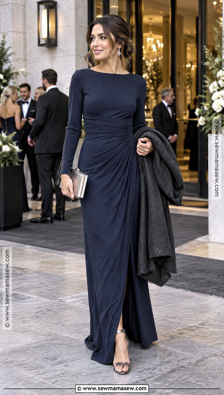 Navy Long Sleeve Bridesmaid Dress Outfit - 15 autumn wedding party attire ideas