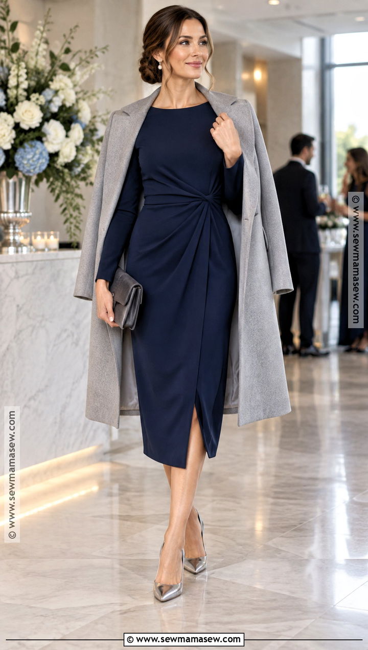 Navy Long Sleeve Cocktail Dress Outfit - 15 formal cocktail dress wedding guest fall ideas