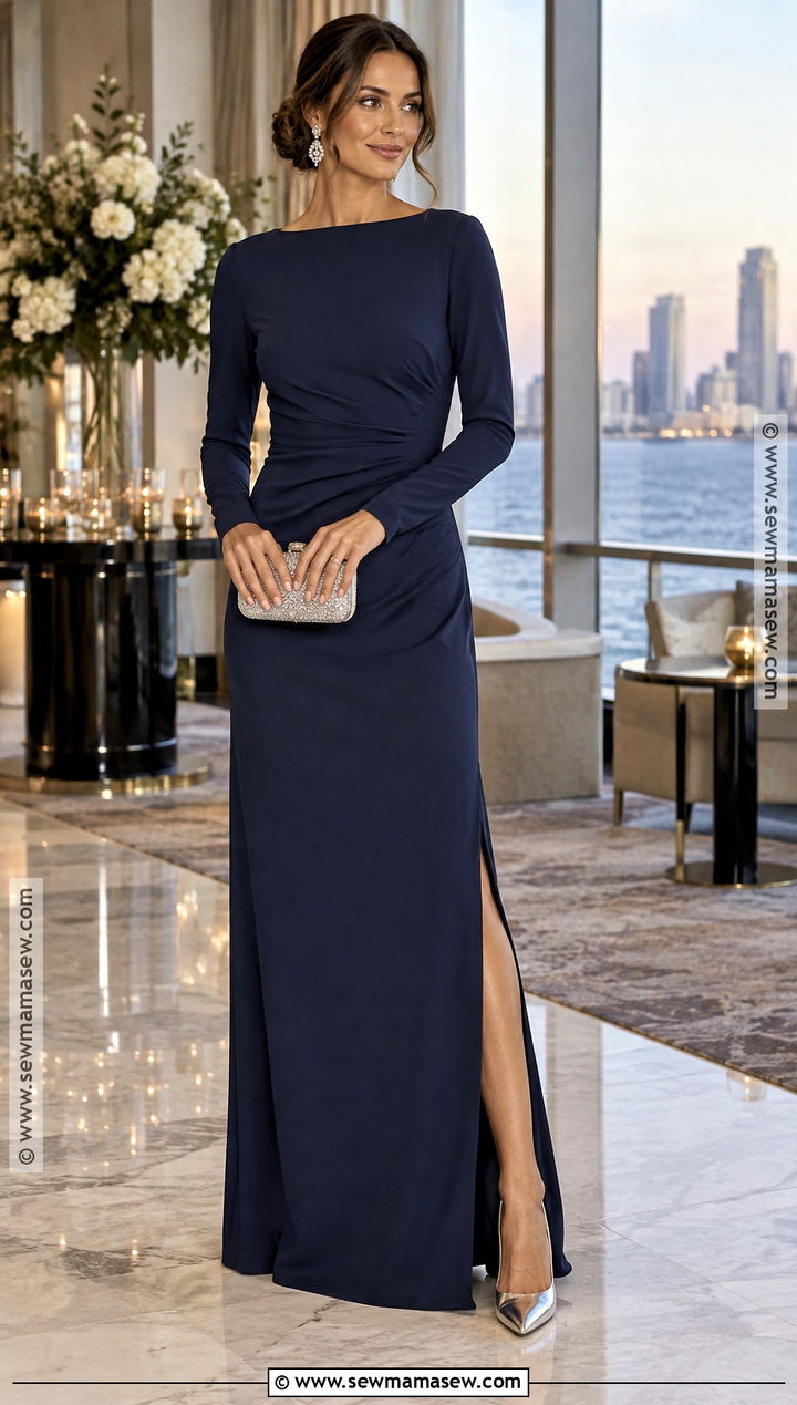 Navy Long Sleeve Column Dress - 25 black tie wedding guest dress fall ideas