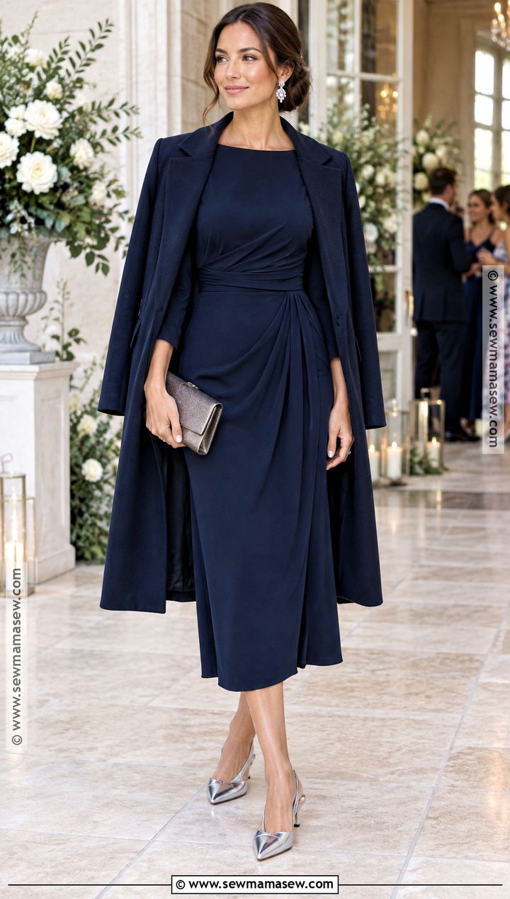 Navy Long Sleeve Crepe Fall Wedding Guest Dress - 15 fall wedding guest dress ideas