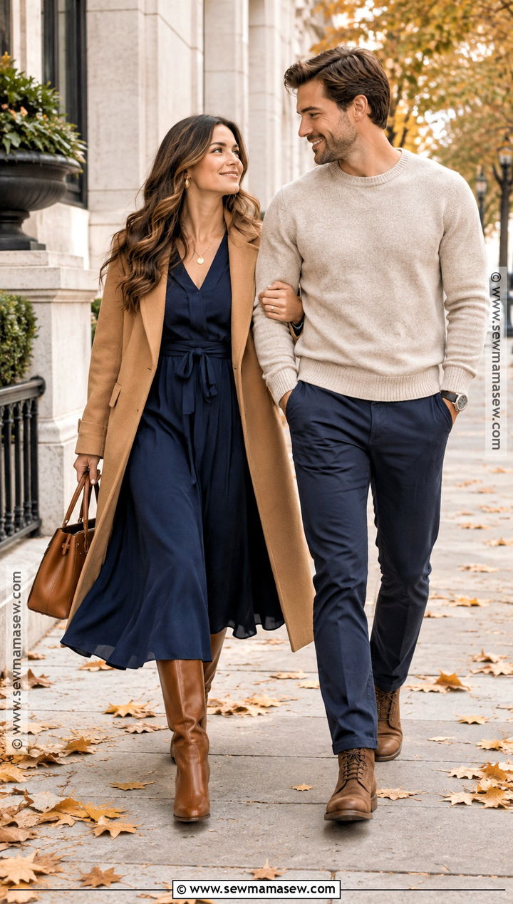 Navy Long Sleeve Dress Fall Couple Photo Outfit - 15 fall couple photos outfits dress