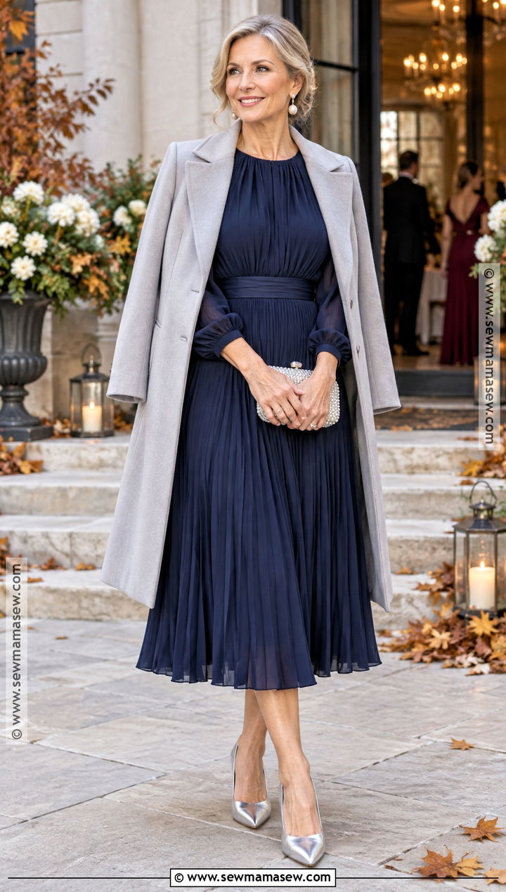 Navy Long Sleeve Fall Wedding Guest Dress - 15 fall wedding dress guess ideas