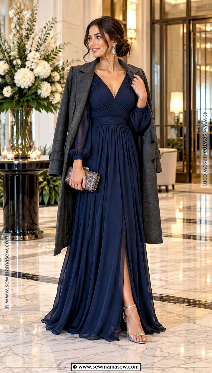 Navy Long Sleeve Fall Wedding Guest Gown - 25 fall wedding guest dress october formal ideas
